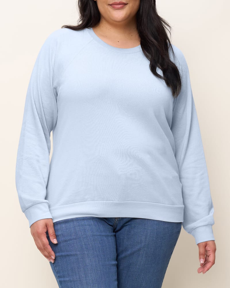 Front of a model wearing a size 5X The Raglan Sweatshirt in Sky Blue by The Standard Stitch. | dia_product_style_image_id:348043